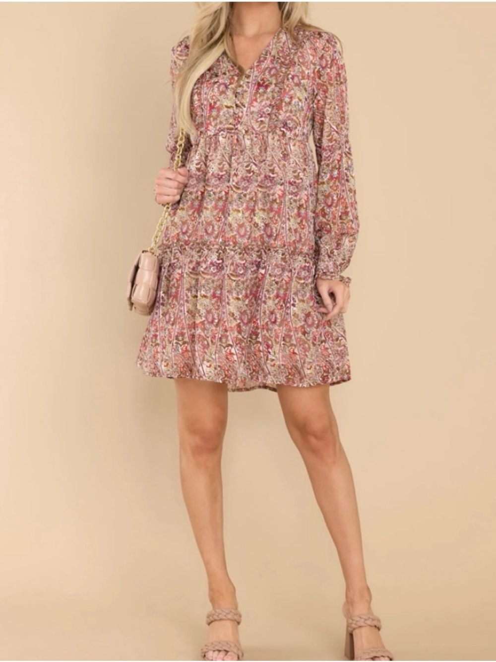 Molly Bracken Dusty Pink Floral Tiered V-Neck Mini Dress